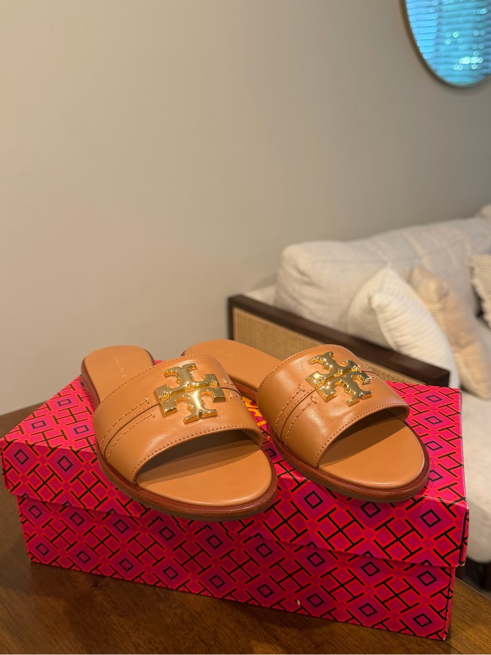 Tory Burch Everly Tan Leather Slide Sandals with Gold Logo